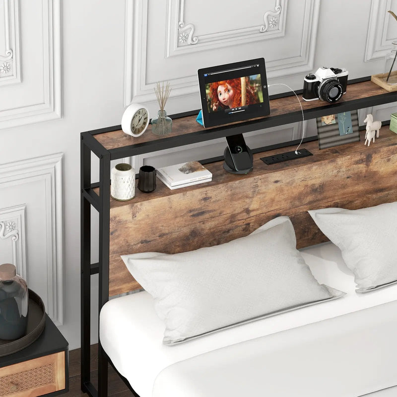 Full/Queen Bed Frame with 2-Tier Storage Headboard and Charging Station by DirectDeals