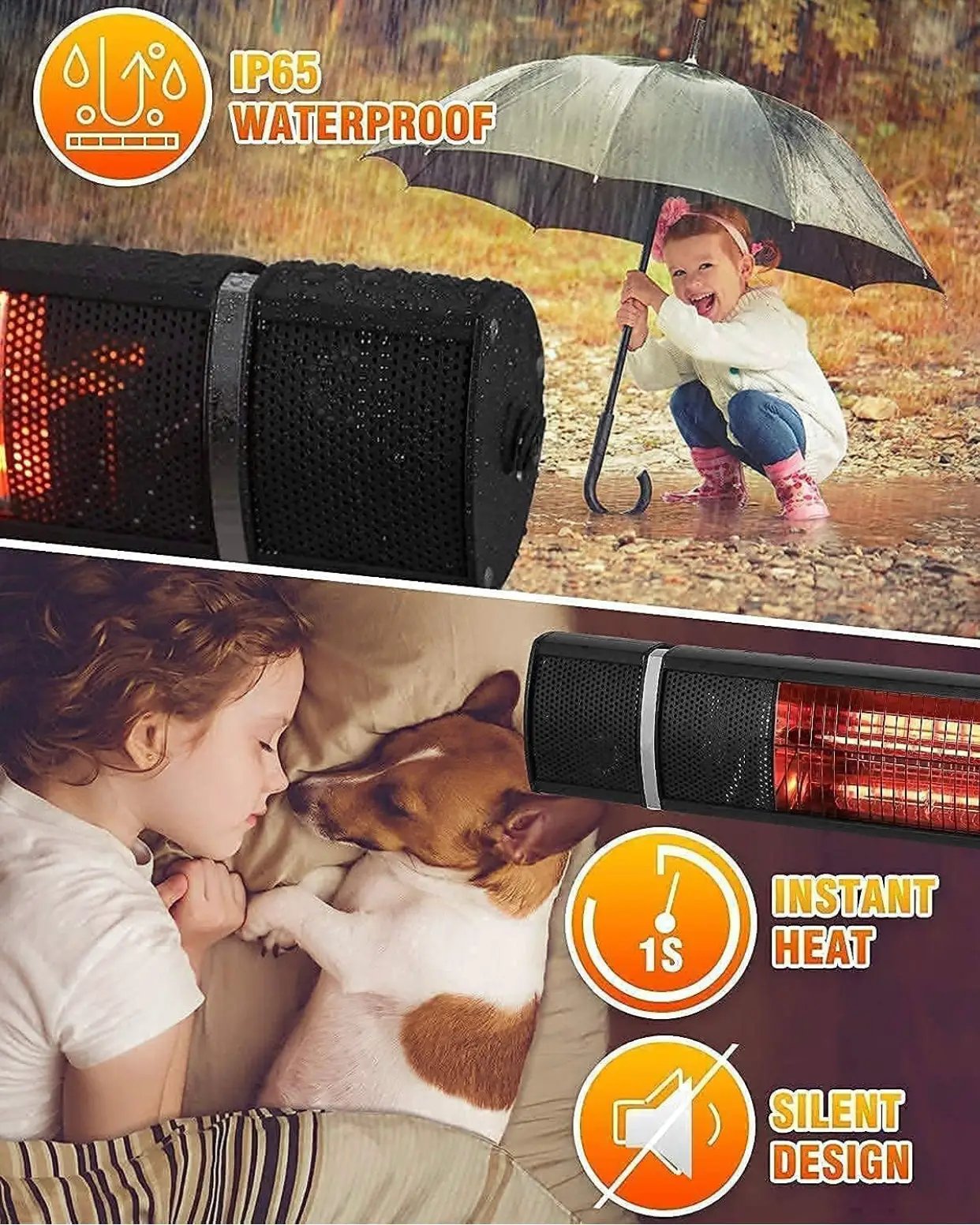 Electric Patio Heater, 1500W Outdoor Heater with 3 Power Settings, Infrared Heater with Remote Control, Overheat Protection, Wall Mounted Space Heater, In/Outdoor by Outdoor Solar Outlet