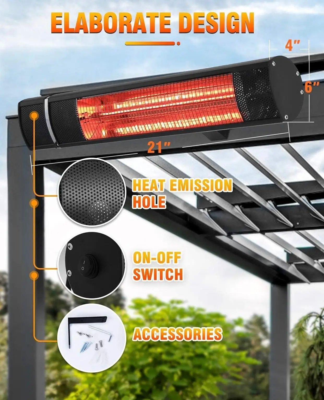Electric Patio Heater, 1500W Outdoor Heater with 3 Power Settings, Infrared Heater with Remote Control, Overheat Protection, Wall Mounted Space Heater, In/Outdoor by Outdoor Solar Outlet