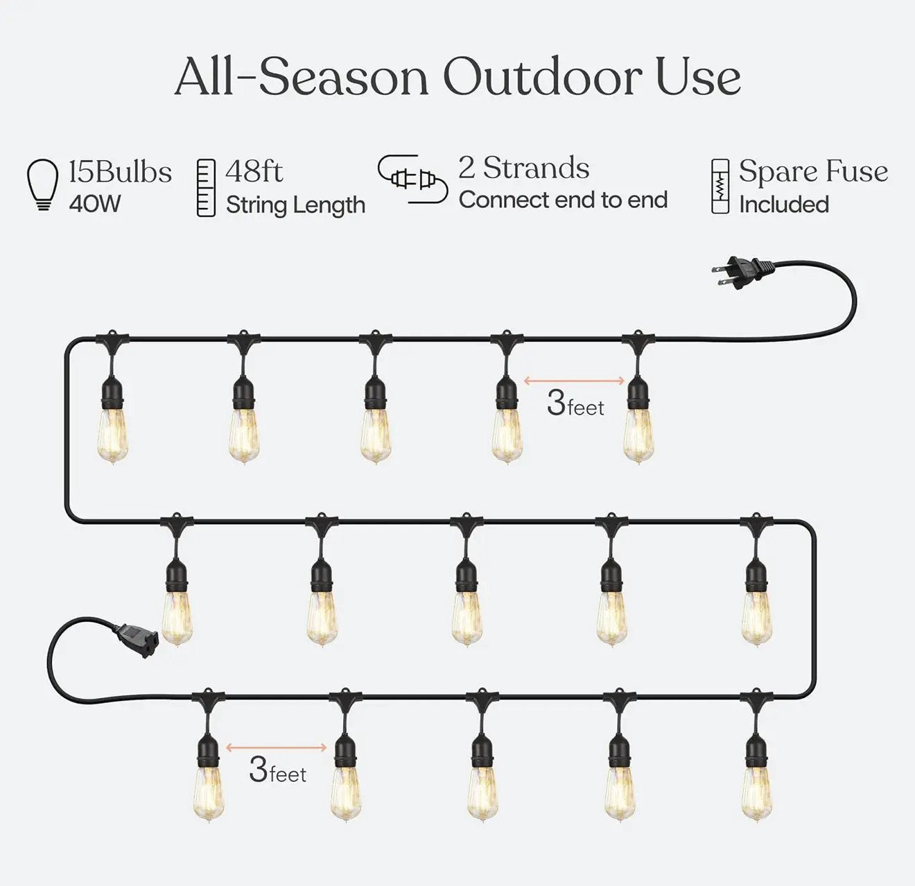 48Ft Pro Vintage Edition Plug-In Outdoor Heavy Quality 40W Commercial String Lights-15 Bulbs by Outdoor Solar Outlet