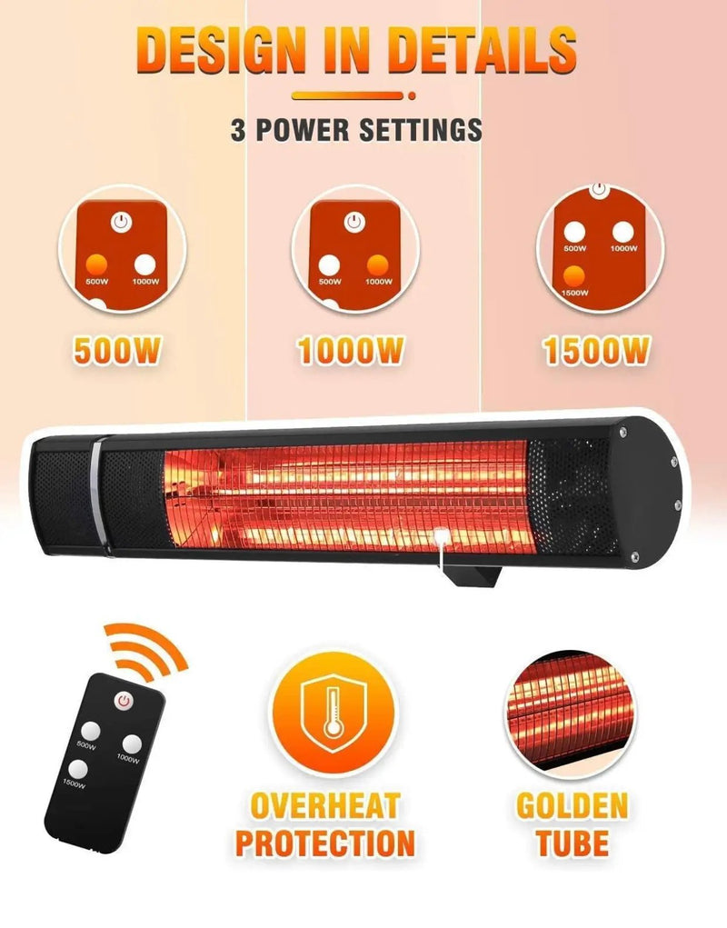 Electric Patio Heater, 1500W Outdoor Heater with 3 Power Settings, Infrared Heater with Remote Control, Overheat Protection, Wall Mounted Space Heater, In/Outdoor by Outdoor Solar Outlet