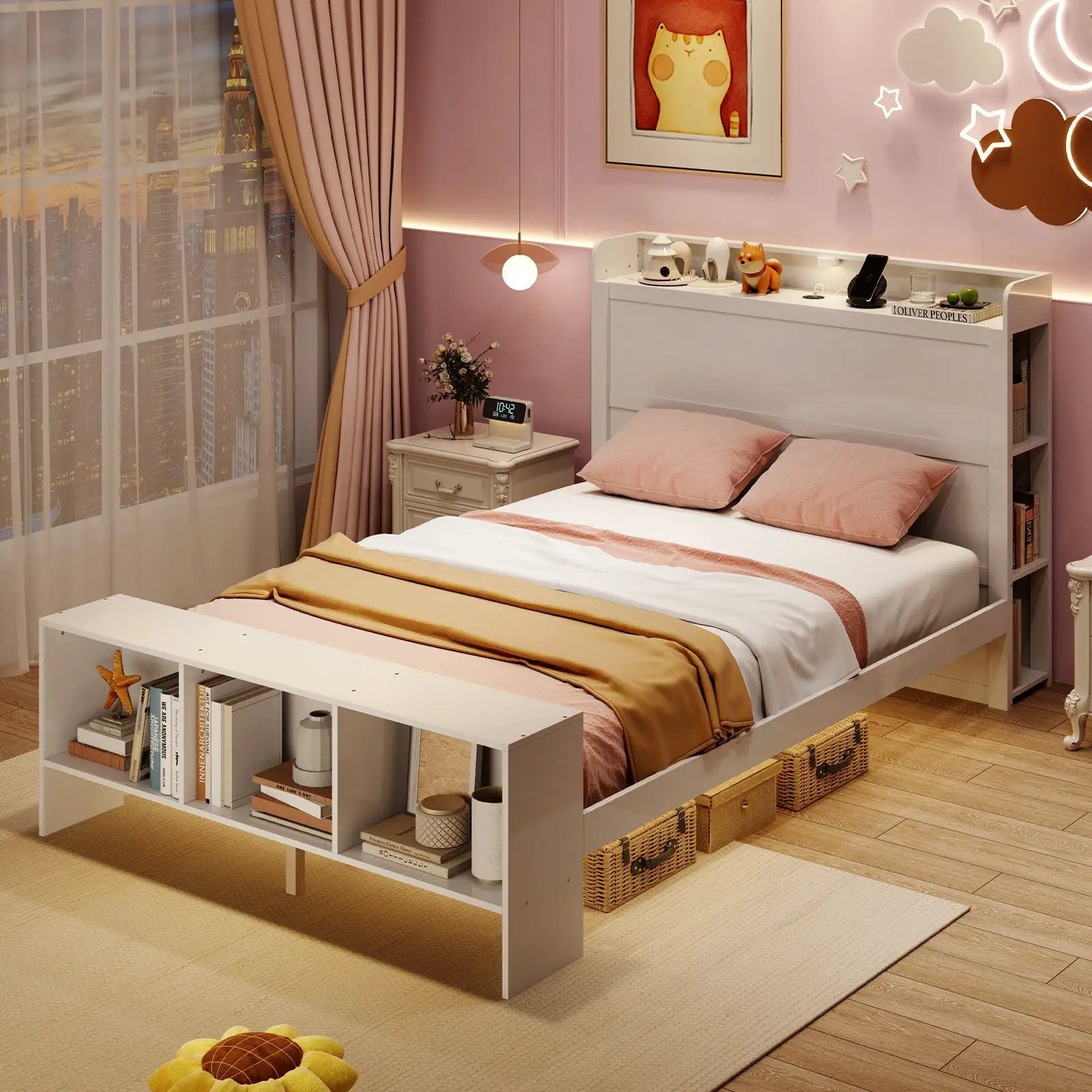 Full Size Bed Frame with 2 USB Ports with Storage Headboard and Lights by DirectDeals
