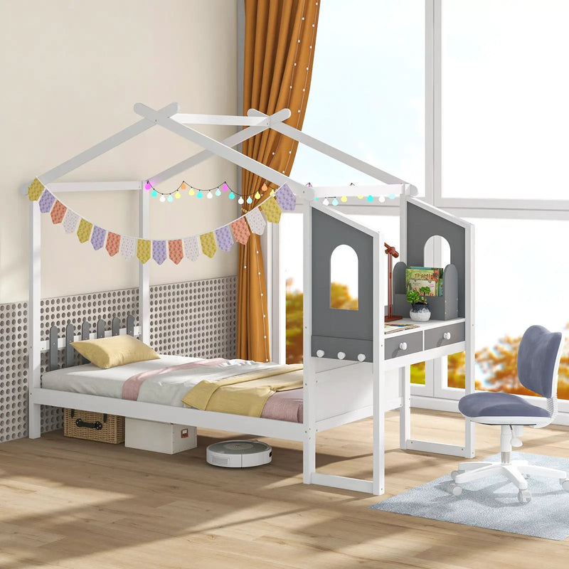 Twin/Full Bed Frame with House Roof Canopy and Fence for Kids by DirectDeals