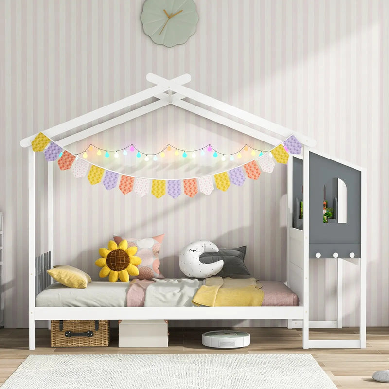 Twin/Full Bed Frame with House Roof Canopy and Fence for Kids by DirectDeals