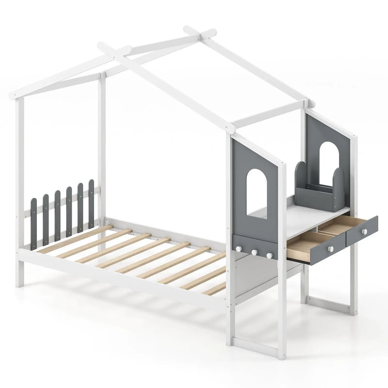 Twin/Full Bed Frame with House Roof Canopy and Fence for Kids by DirectDeals