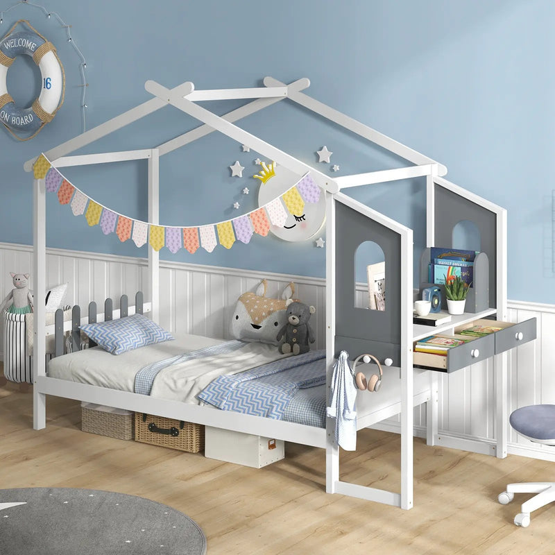 Twin/Full Bed Frame with House Roof Canopy and Fence for Kids by DirectDeals