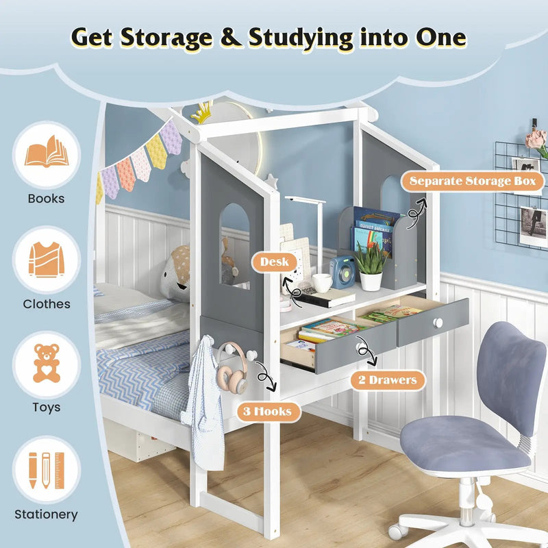 Twin/Full Bed Frame with House Roof Canopy and Fence for Kids by DirectDeals
