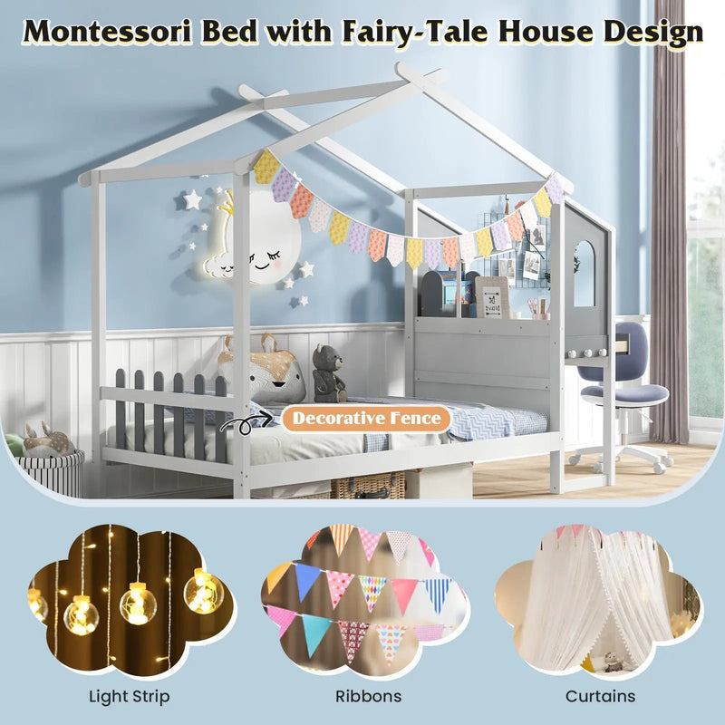 Twin/Full Bed Frame with House Roof Canopy and Fence for Kids by DirectDeals