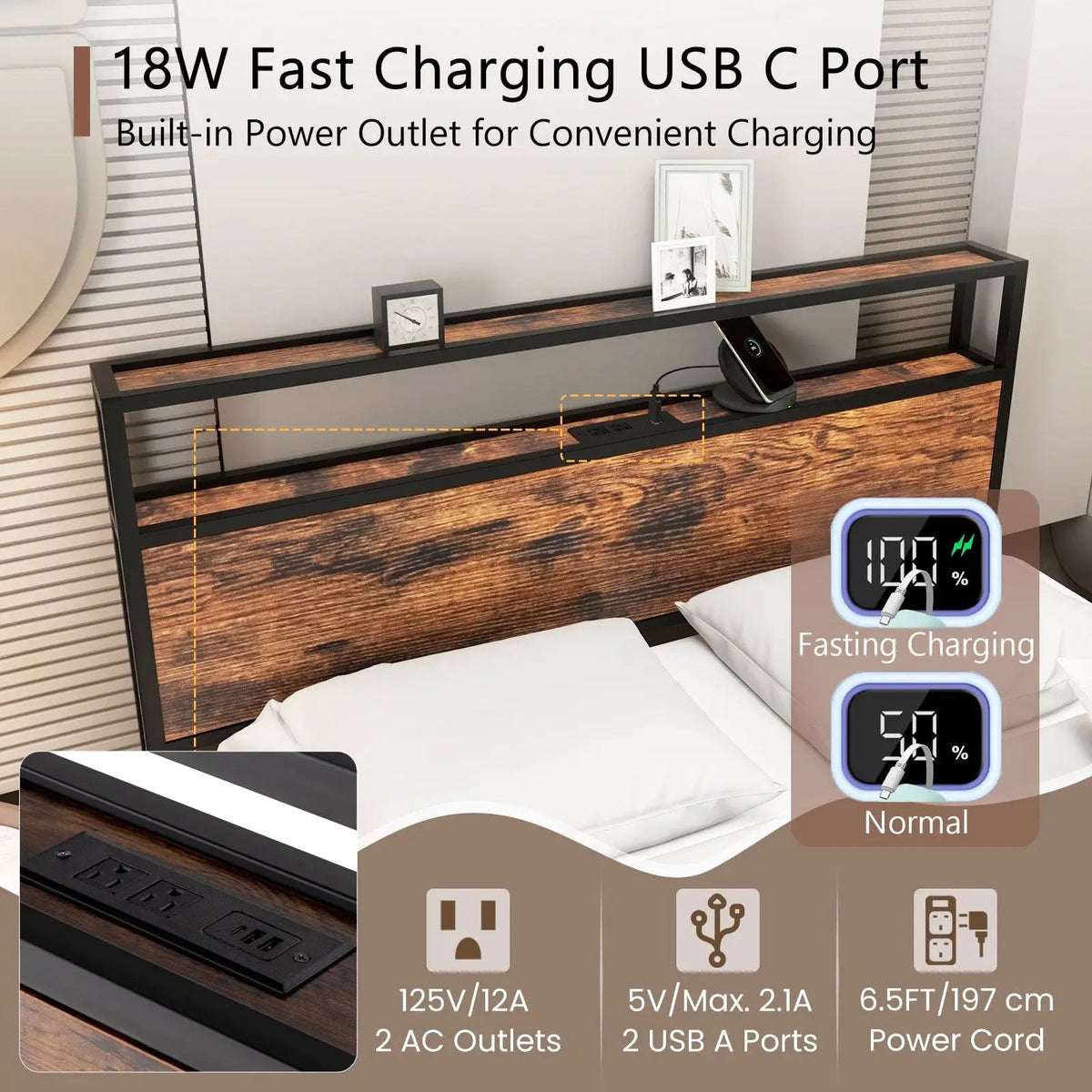 Twin/Full/Queen Bed Frame with Storage Headboard and Charging Station by DirectDeals