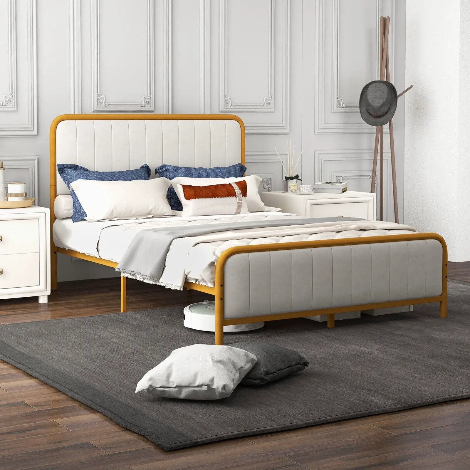 Upholstered Gold Platform Bed Frame with Velvet Headboard by DirectDeals