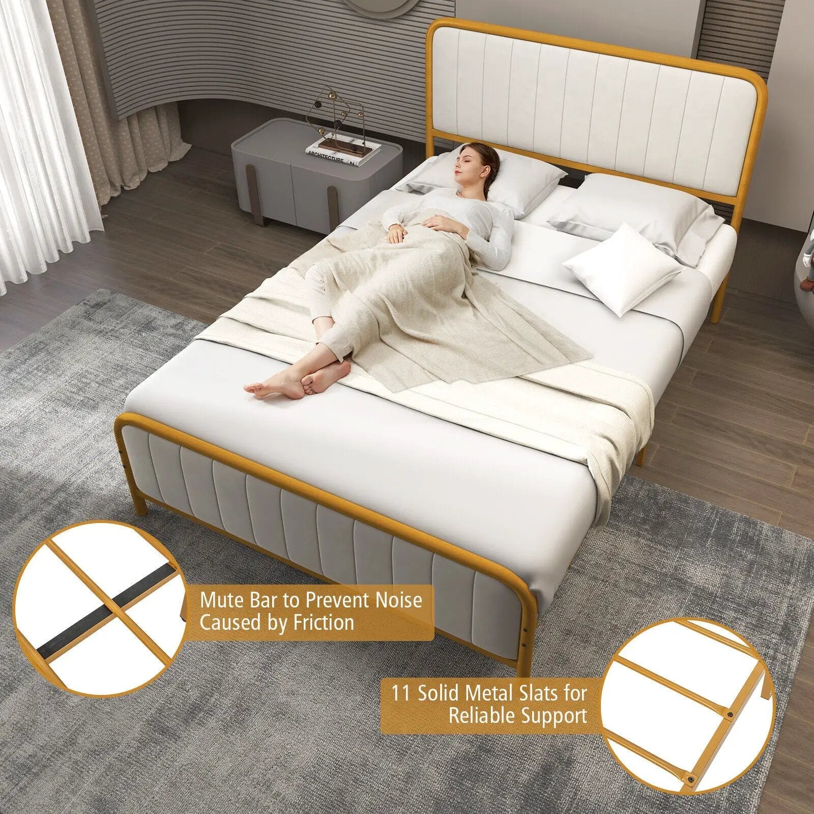 Upholstered Gold Platform Bed Frame with Velvet Headboard by DirectDeals