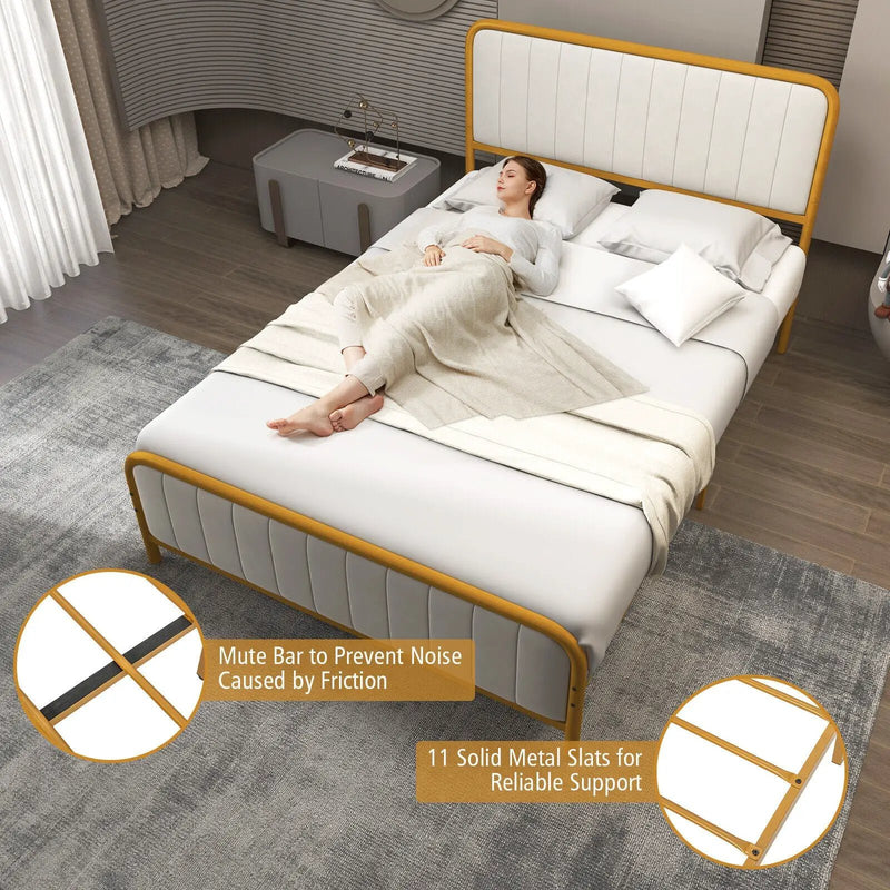 Upholstered Gold Platform Bed Frame with Velvet Headboard by DirectDeals