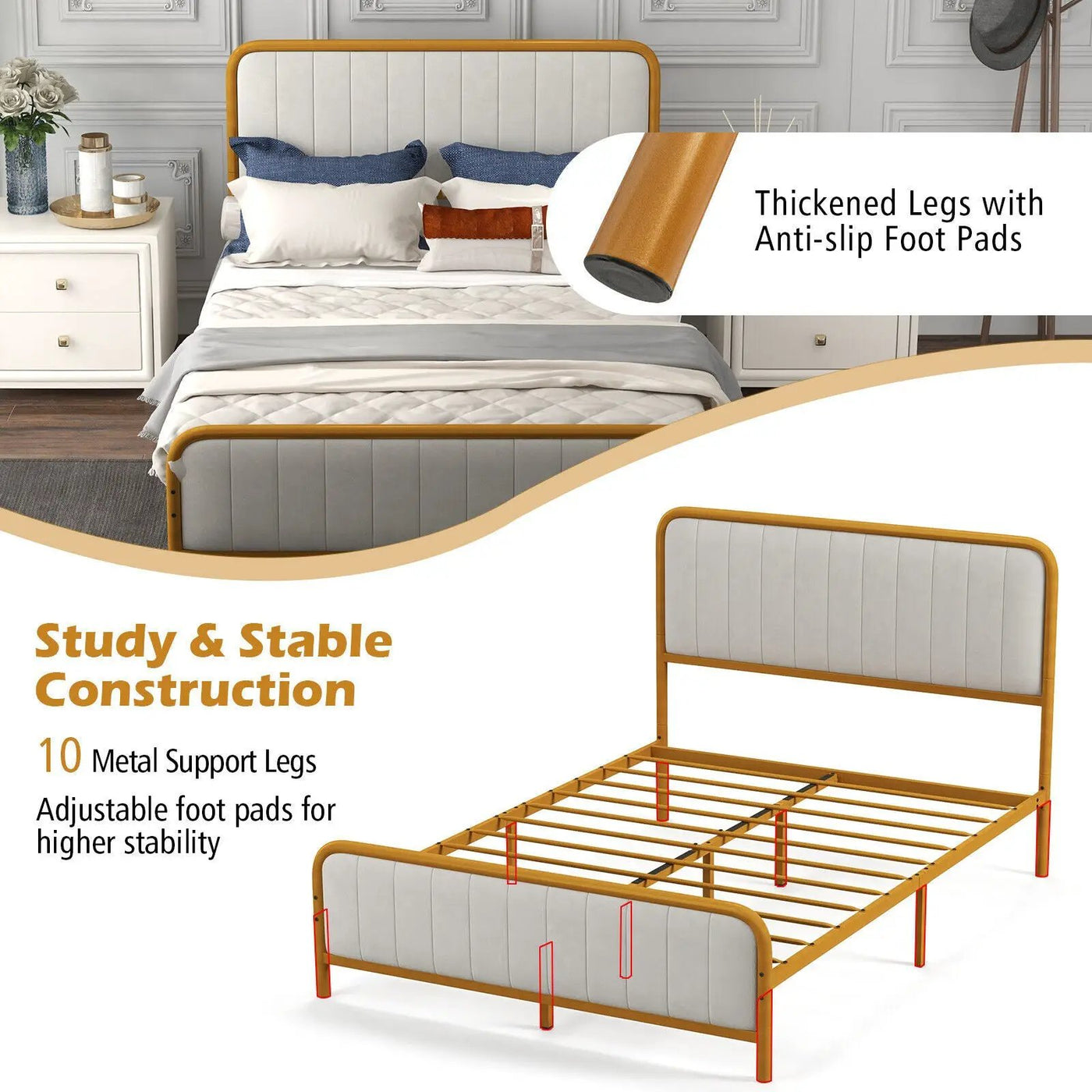 Upholstered Gold Platform Bed Frame with Velvet Headboard by DirectDeals