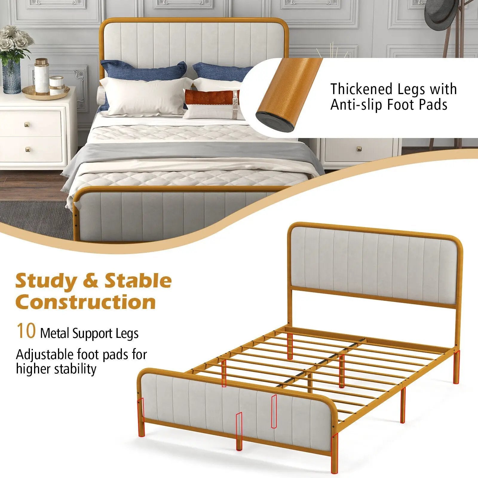 Upholstered Gold Platform Bed Frame with Velvet Headboard by DirectDeals