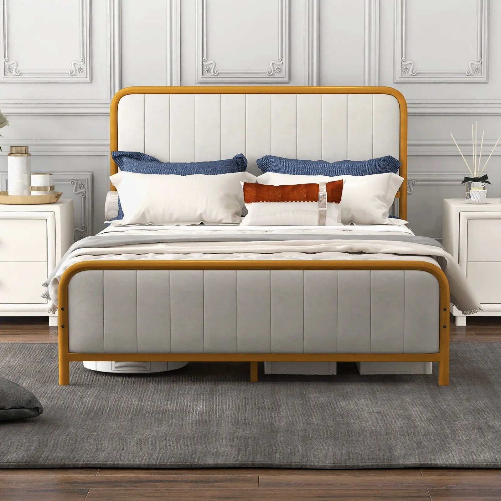 Upholstered Gold Platform Bed Frame with Velvet Headboard by DirectDeals