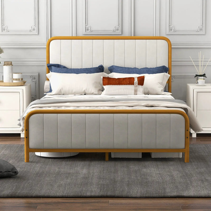 Upholstered Gold Platform Bed Frame with Velvet Headboard by DirectDeals
