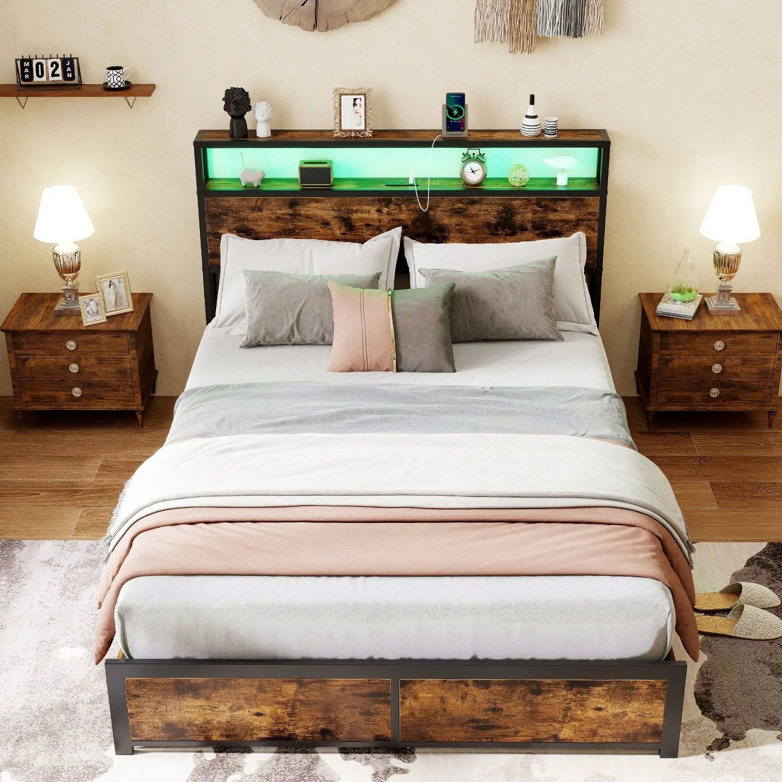 Full/Queen Size LED Bed Frame with Charging Station and 4 Storage Drawers by DirectDeals