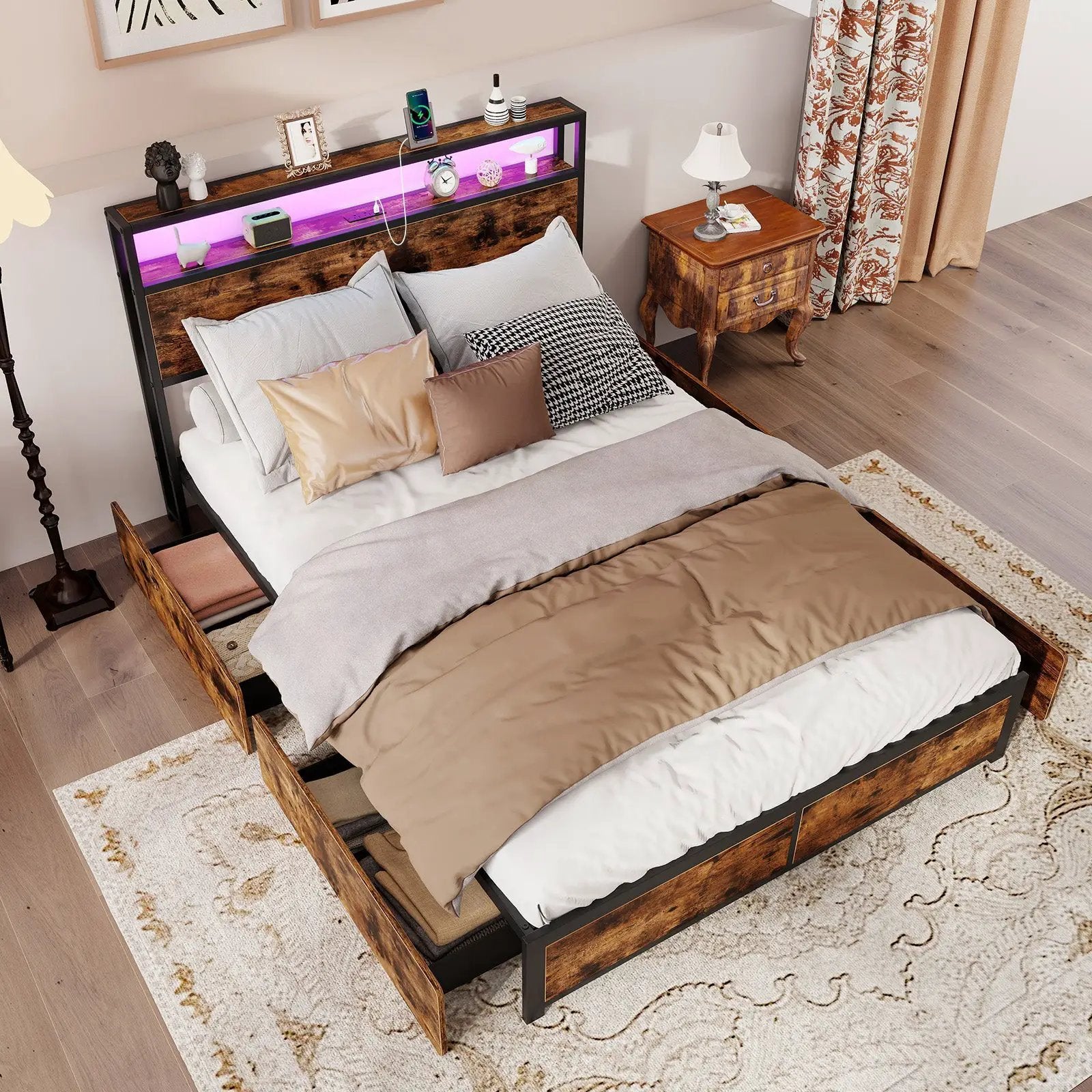 Full/Queen Size LED Bed Frame with Charging Station and 4 Storage Drawers by DirectDeals