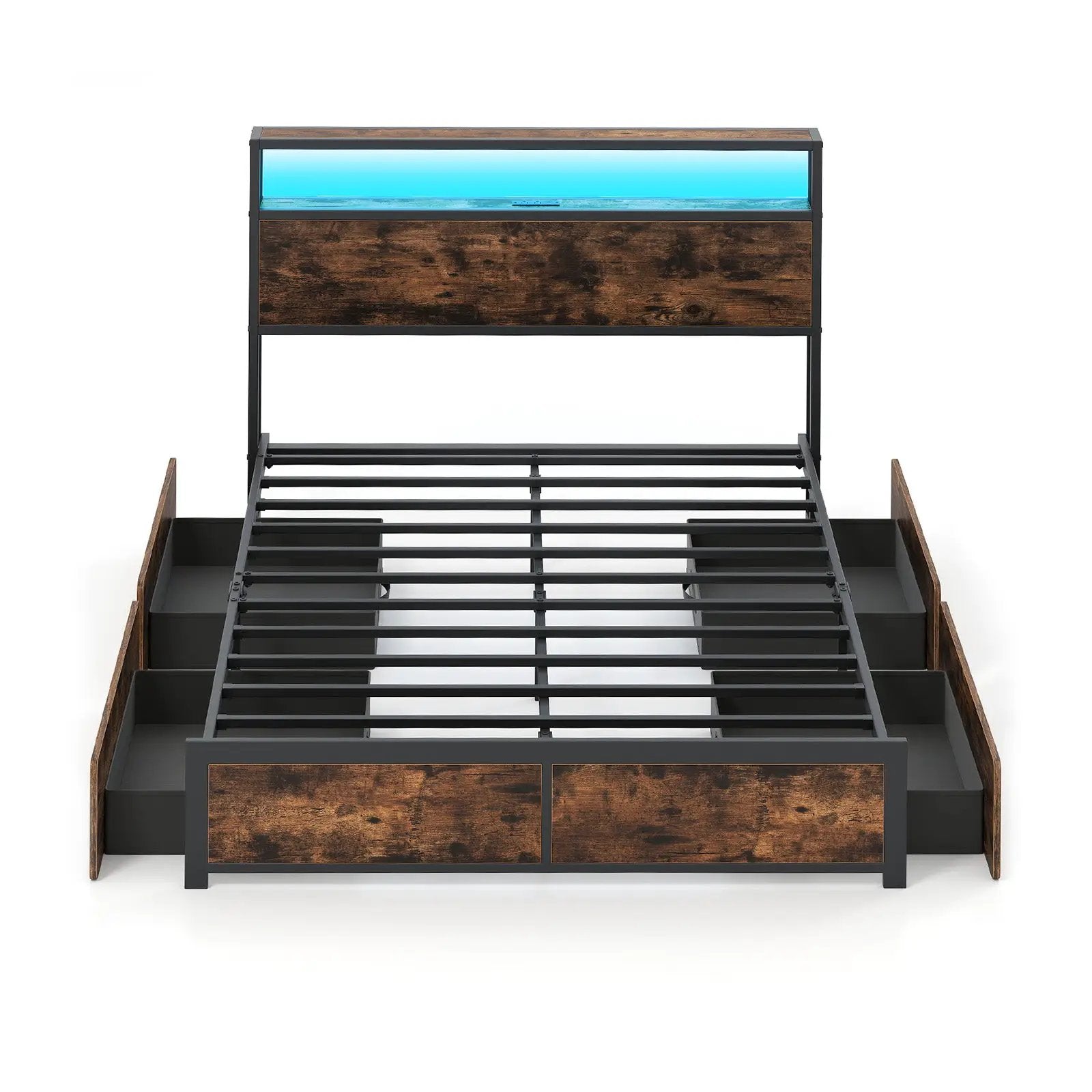 Full/Queen Size LED Bed Frame with Charging Station and 4 Storage Drawers by DirectDeals
