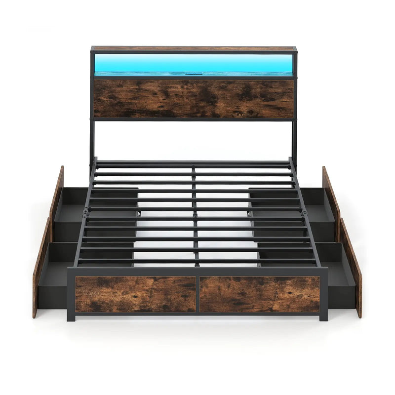 Full/Queen Size LED Bed Frame with Charging Station and 4 Storage Drawers by DirectDeals