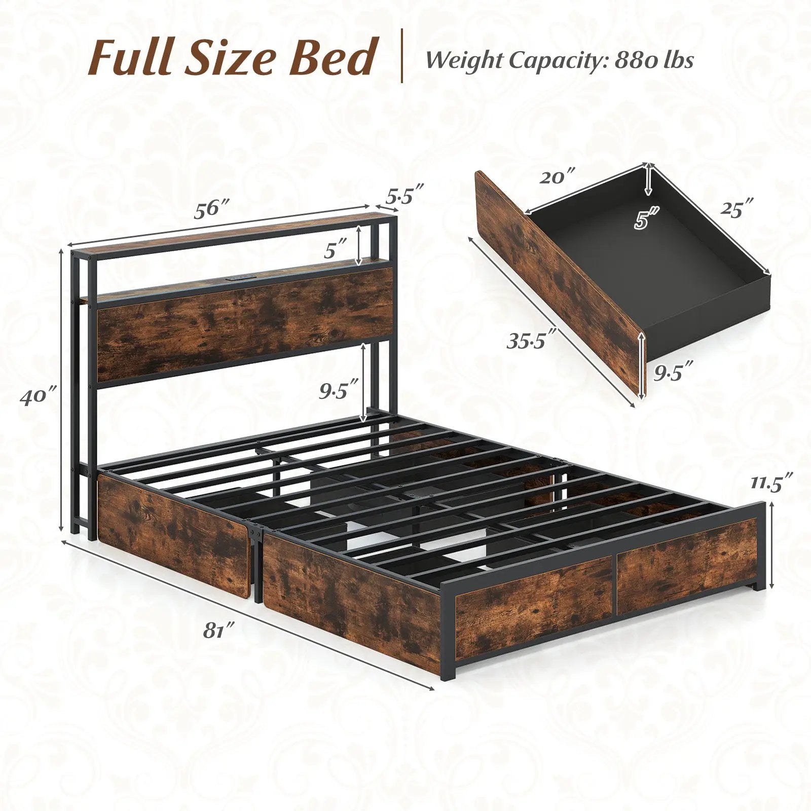 Full/Queen Size LED Bed Frame with Charging Station and 4 Storage Drawers by DirectDeals