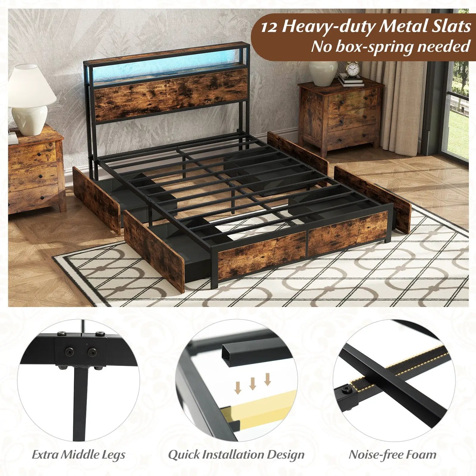 Full/Queen Size LED Bed Frame with Charging Station and 4 Storage Drawers by DirectDeals