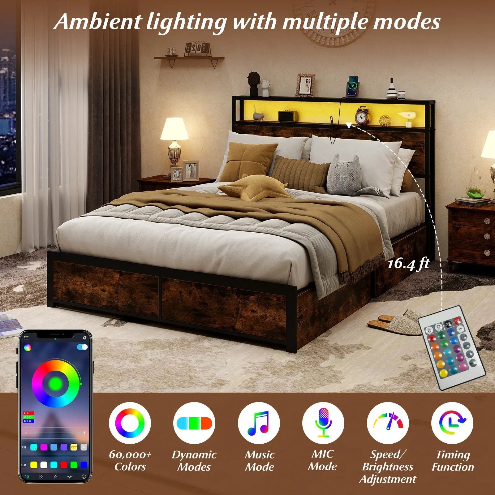 Full/Queen Size LED Bed Frame with Charging Station and 4 Storage Drawers by DirectDeals