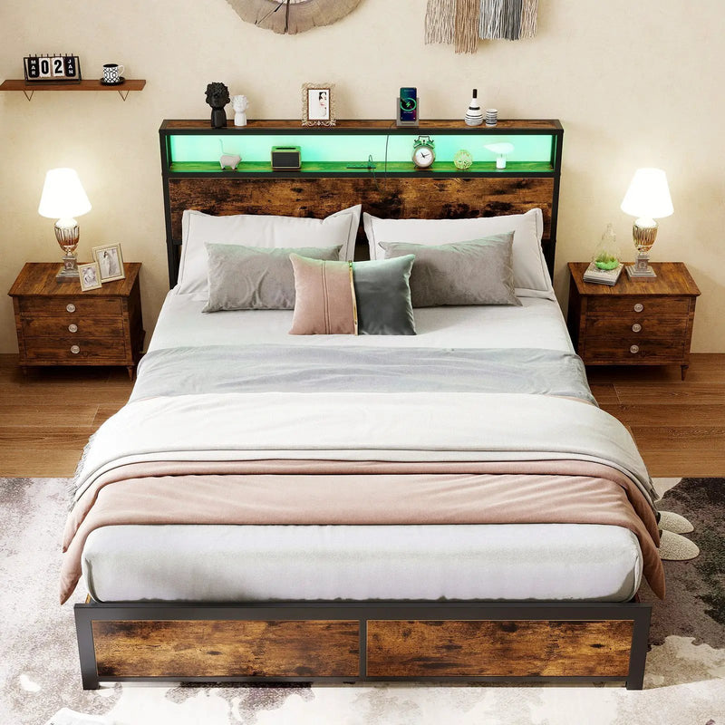 Full/Queen Size LED Bed Frame with Charging Station and 4 Storage Drawers by DirectDeals