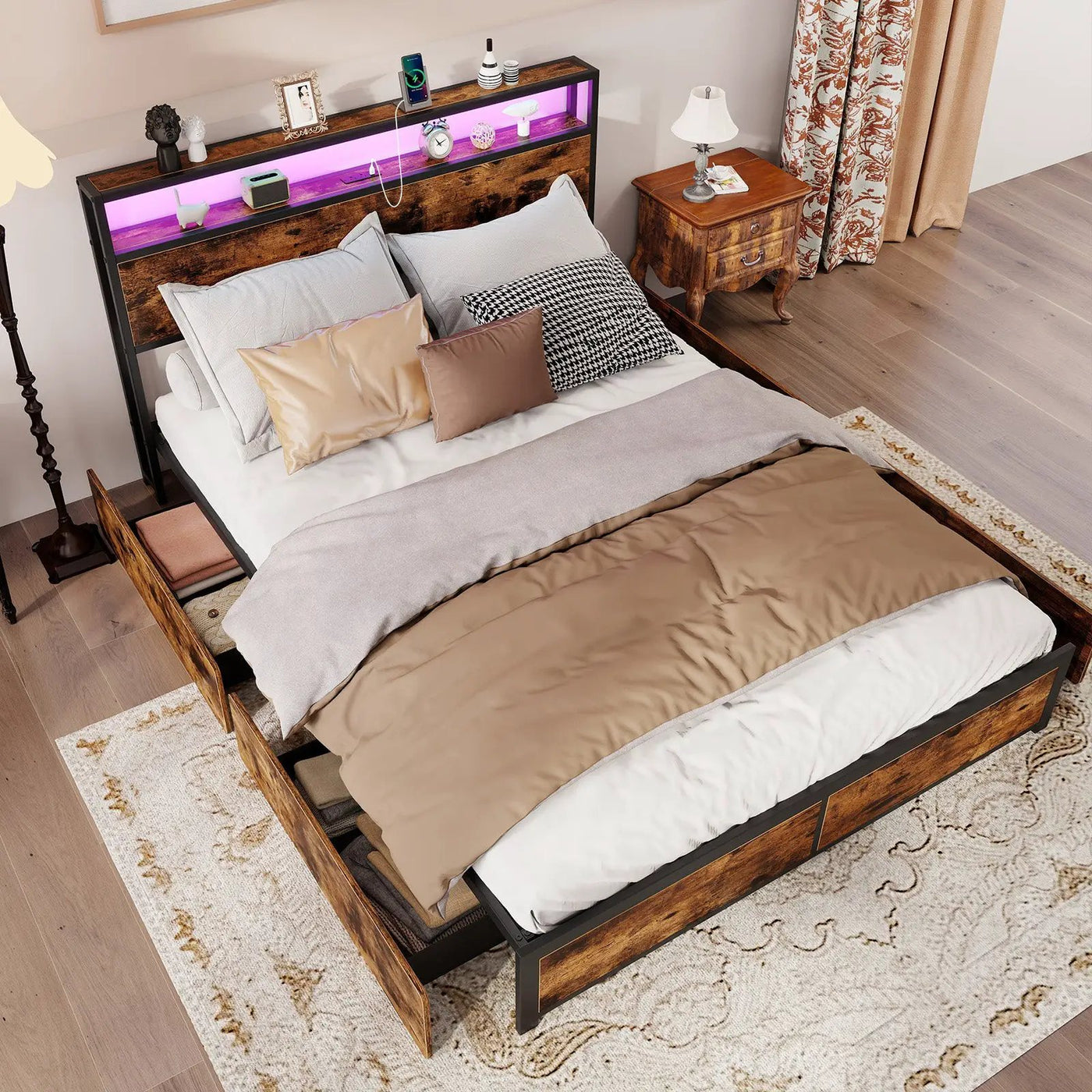 Full/Queen Size LED Bed Frame with Charging Station and 4 Storage Drawers by DirectDeals