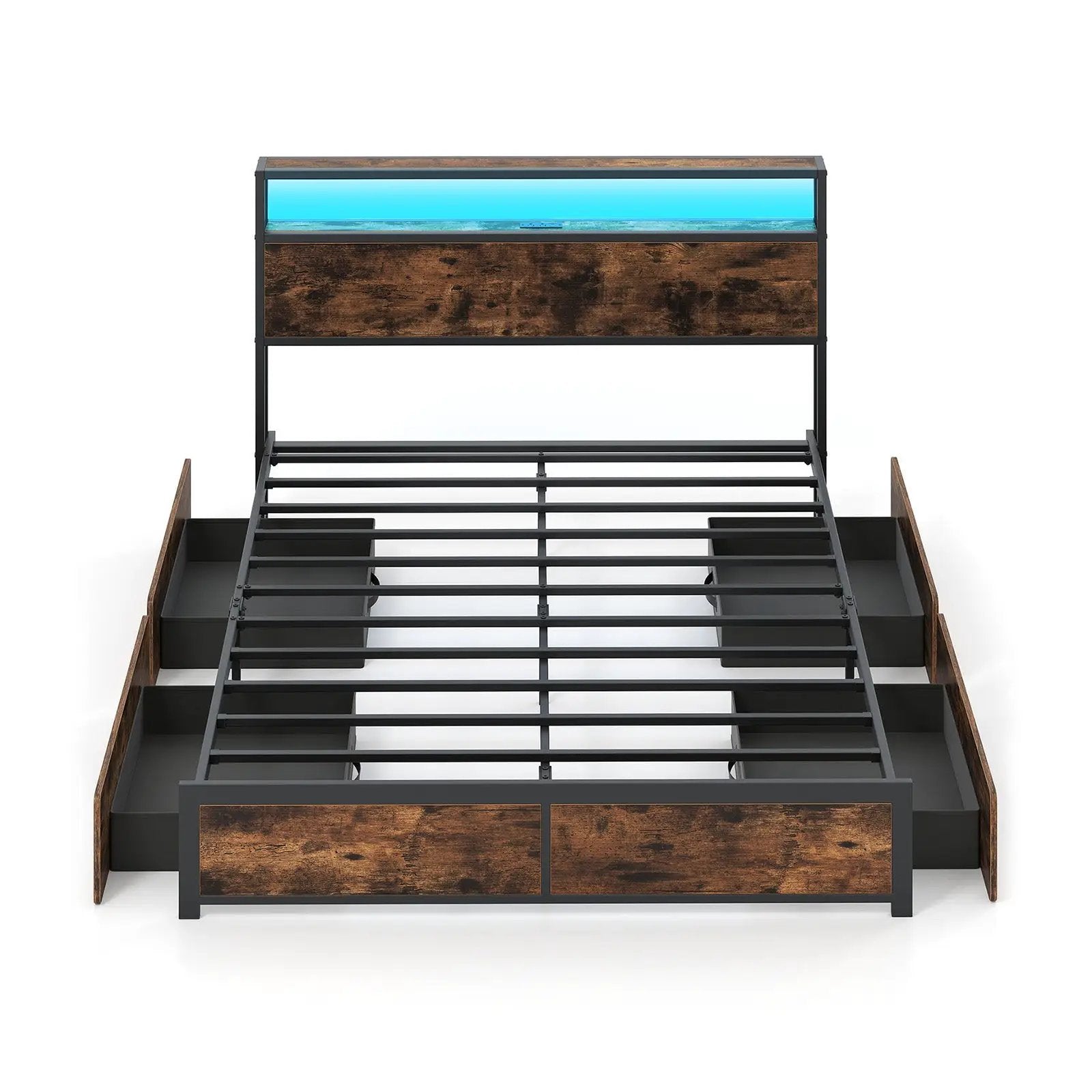 Full/Queen Size LED Bed Frame with Charging Station and 4 Storage Drawers by DirectDeals