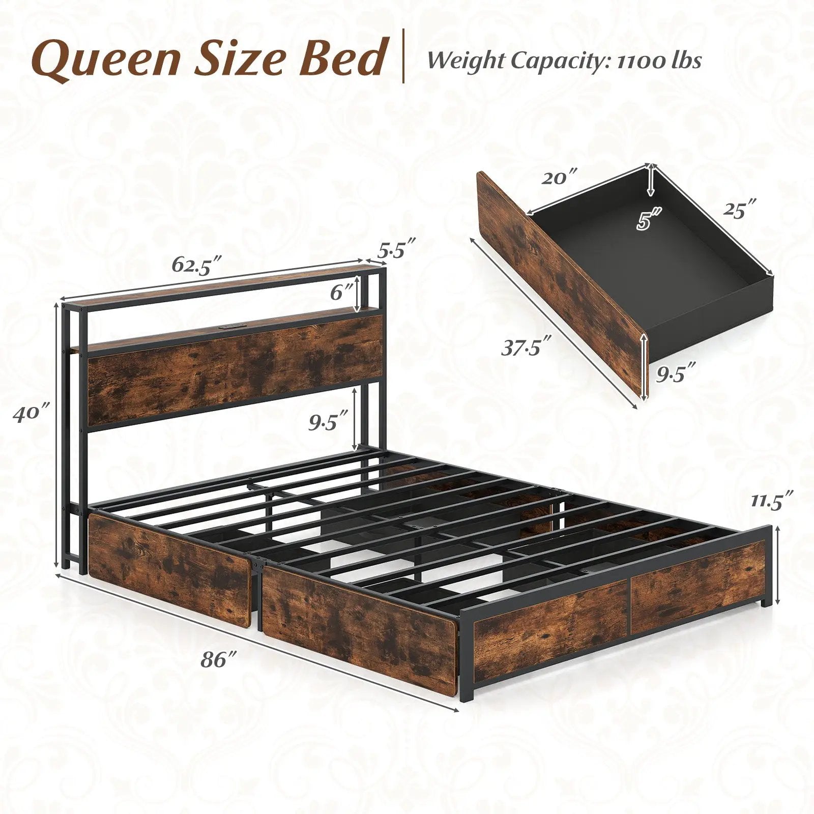Full/Queen Size LED Bed Frame with Charging Station and 4 Storage Drawers by DirectDeals