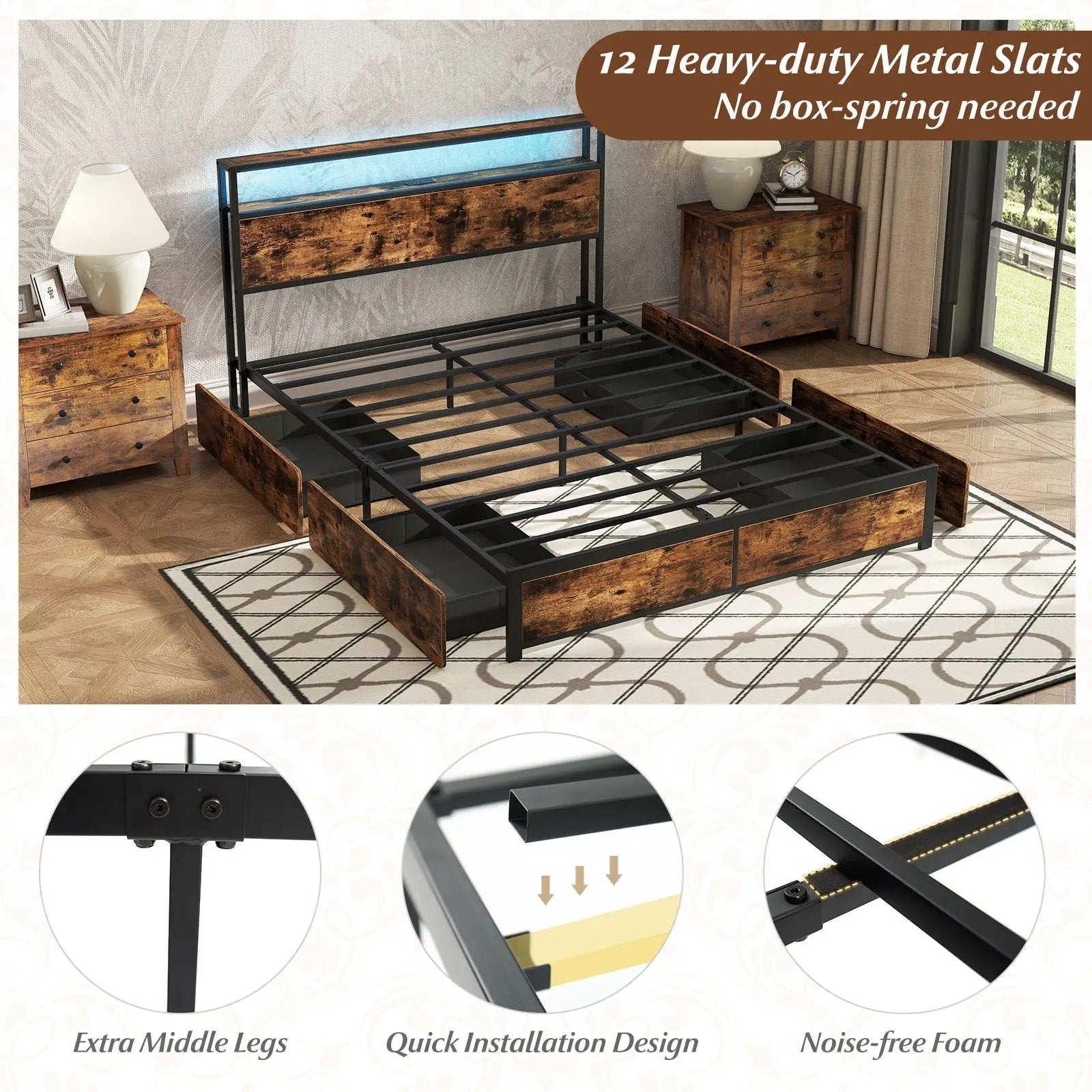 Full/Queen Size LED Bed Frame with Charging Station and 4 Storage Drawers by DirectDeals