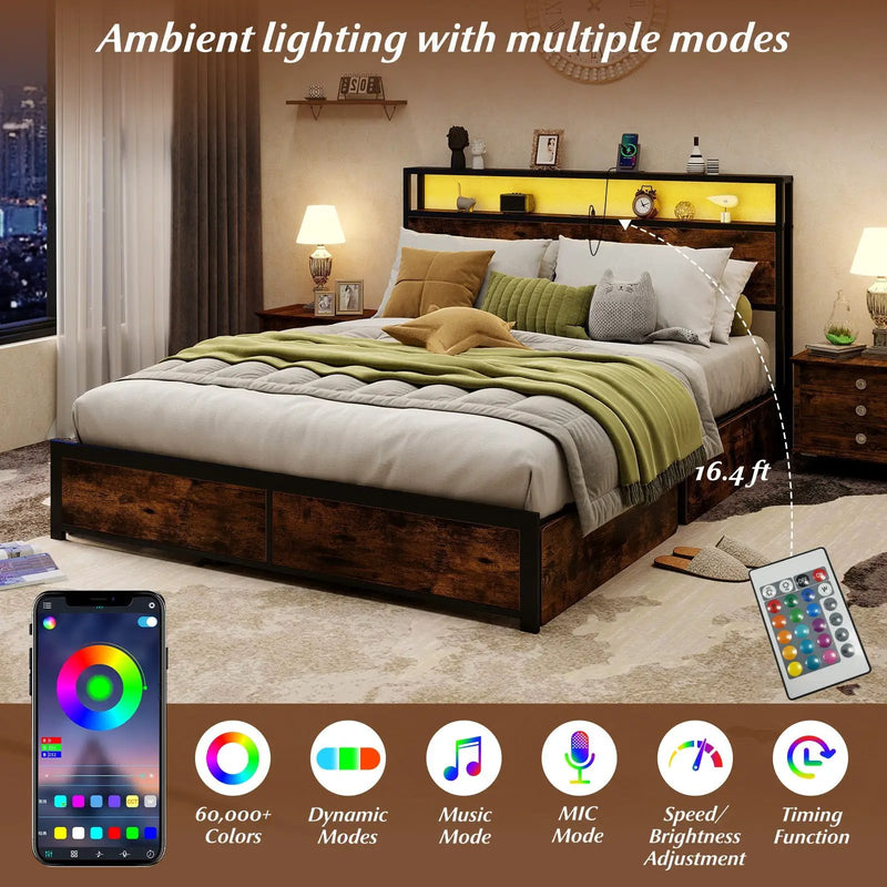 Full/Queen Size LED Bed Frame with Charging Station and 4 Storage Drawers by DirectDeals