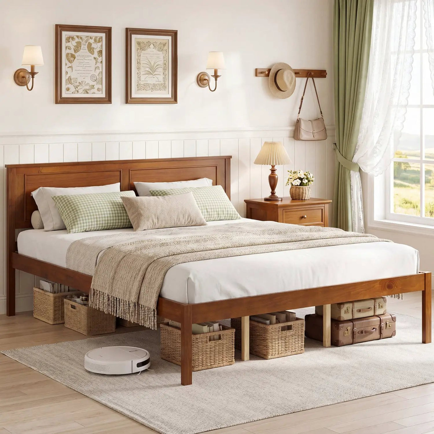 Full/Queen/Twin Size Bed Frame Farmhouse Wooden Platform Bed with Headboard by DirectDeals