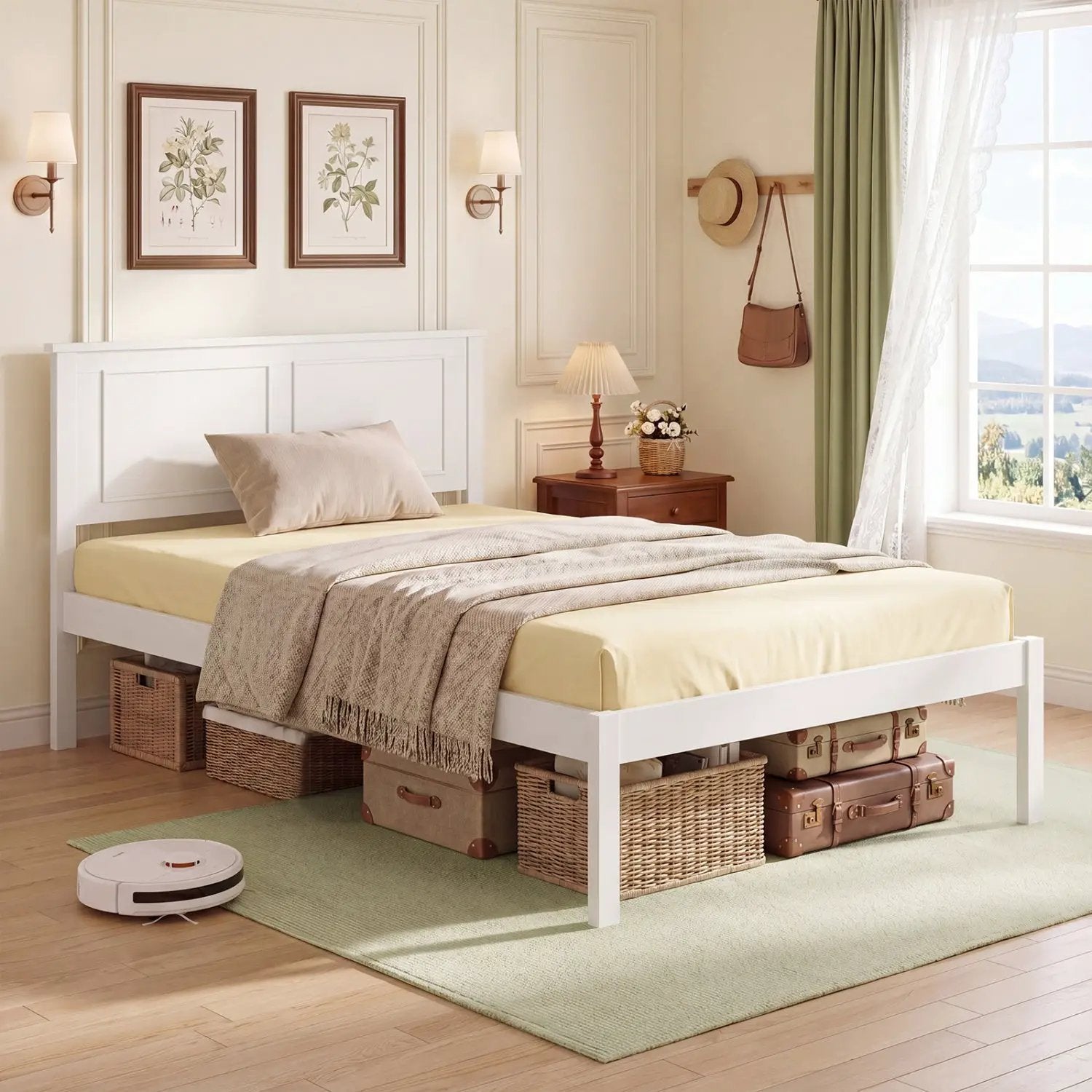 Full/Queen/Twin Size Bed Frame Farmhouse Wooden Platform Bed with Headboard White by DirectDeals