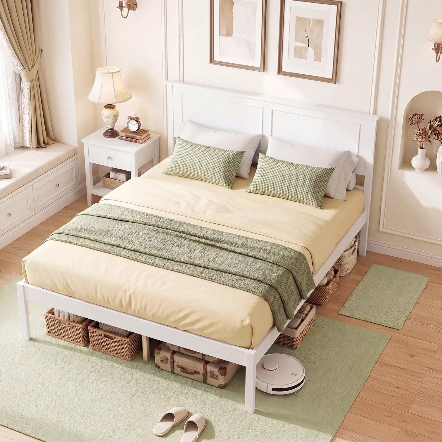 Full/Queen/Twin Size Bed Frame Farmhouse Wooden Platform Bed with Headboard White by DirectDeals