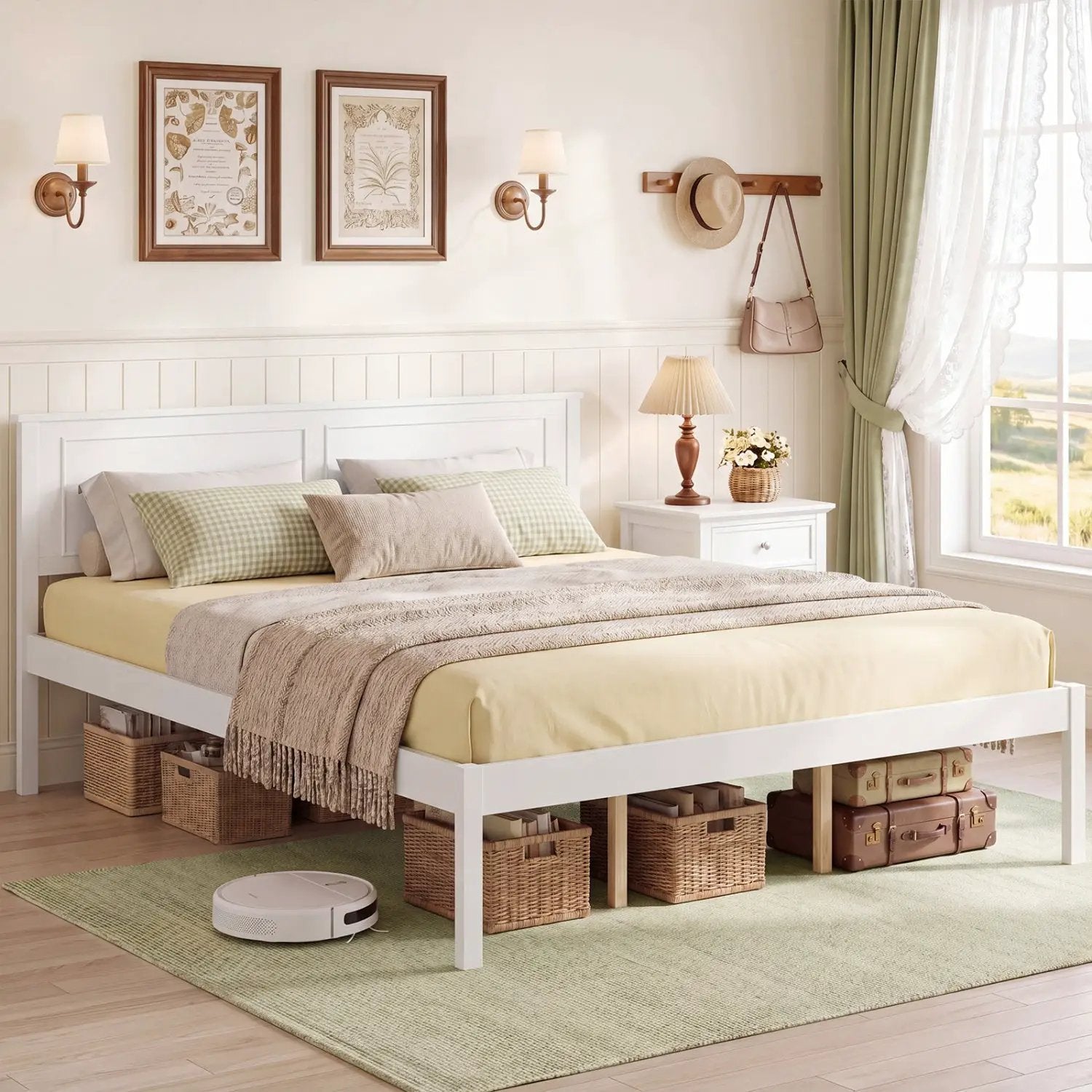 Full/Queen/Twin Size Bed Frame Farmhouse Wooden Platform Bed with Headboard White by DirectDeals