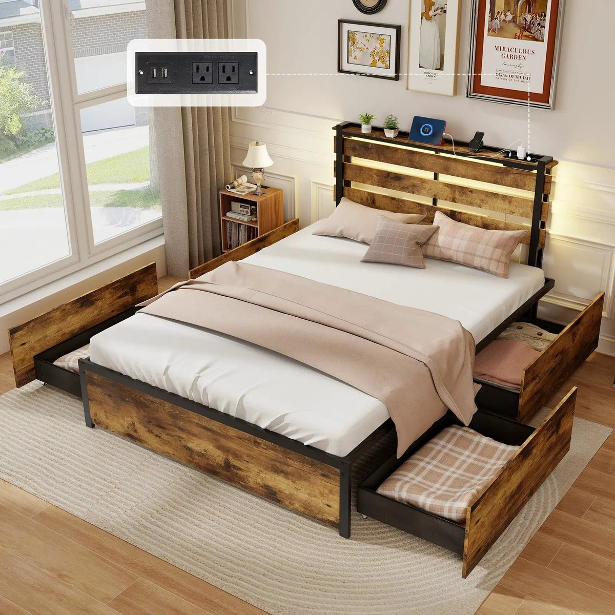 Full/Queen/Twin Size Bed Frame with Drawers LED Lights and USB Ports by DirectDeals