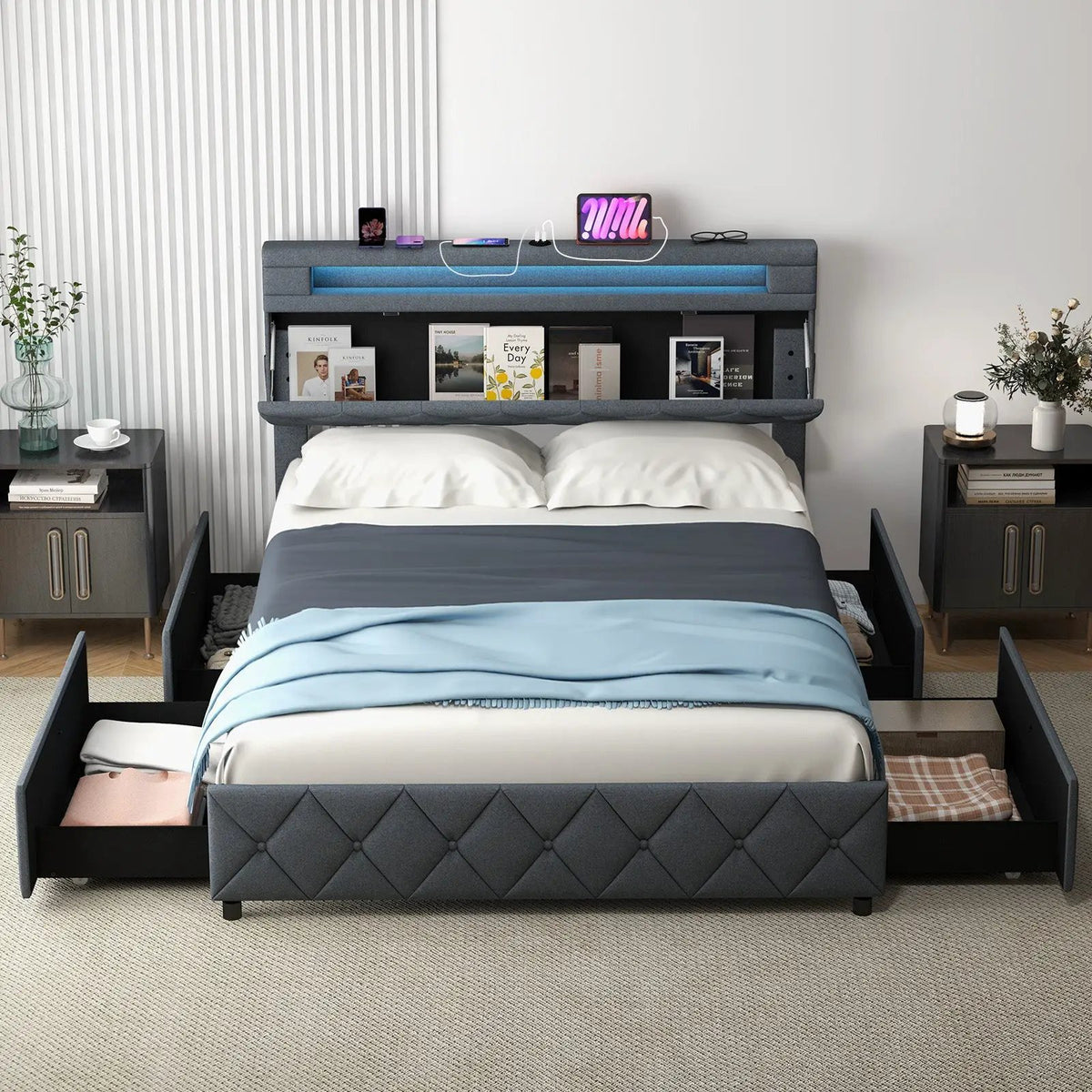 Full/Queen Size Bed Frame with Adjustable Storage Headboard and Wooden Slat Support by DirectDeals