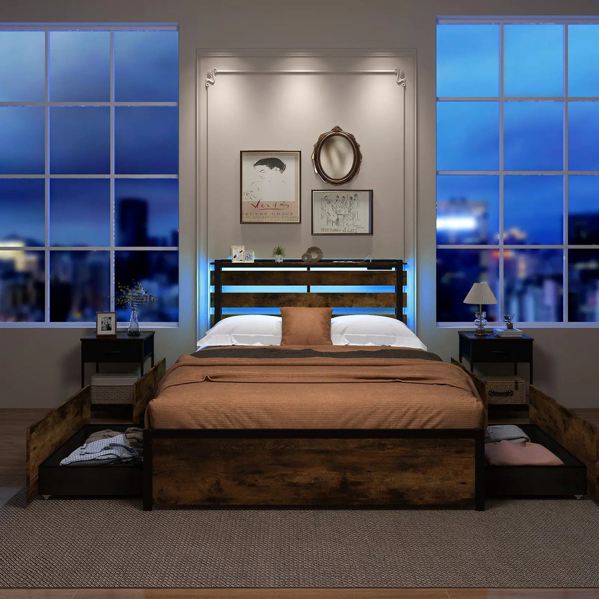 Full/Queen/Twin Size Bed Frame with Drawers LED Lights and USB Ports by DirectDeals