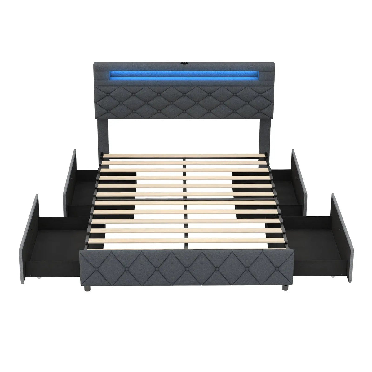 Full/Queen Size Bed Frame with Adjustable Storage Headboard and Wooden Slat Support by DirectDeals