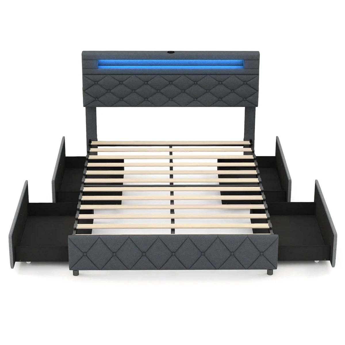 Full/Queen Size Bed Frame with Adjustable Storage Headboard and Wooden Slat Support by DirectDeals