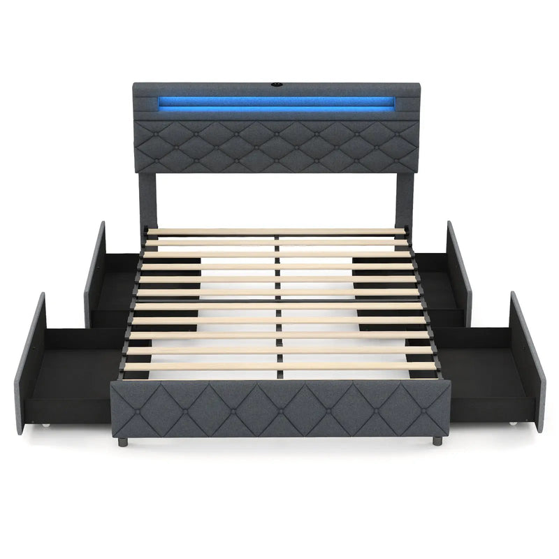 Full/Queen Size Bed Frame with Adjustable Storage Headboard and Wooden Slat Support by DirectDeals