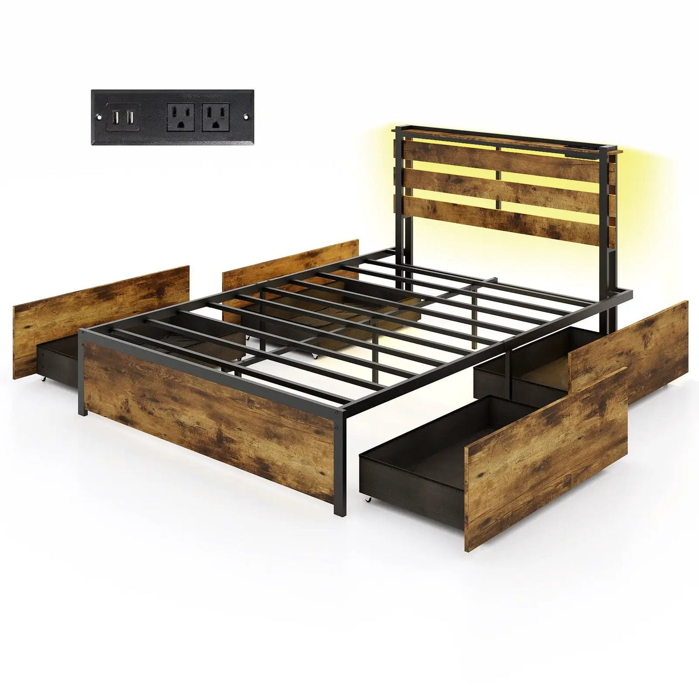 Full/Queen/Twin Size Bed Frame with Drawers LED Lights and USB Ports by DirectDeals
