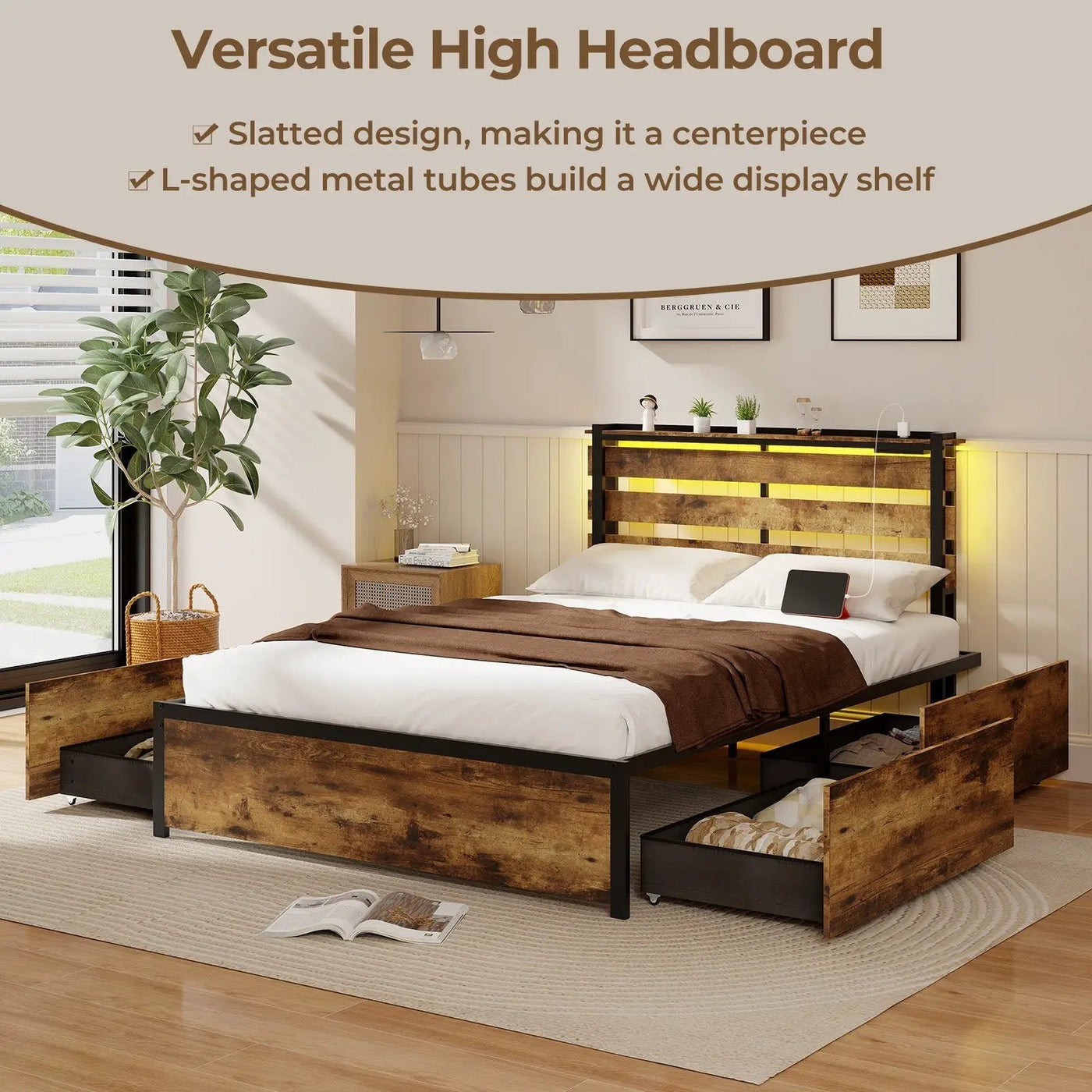 Full/Queen/Twin Size Bed Frame with Drawers LED Lights and USB Ports by DirectDeals