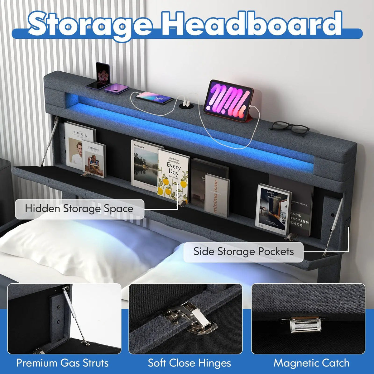 Full/Queen Size Bed Frame with Adjustable Storage Headboard and Wooden Slat Support by DirectDeals