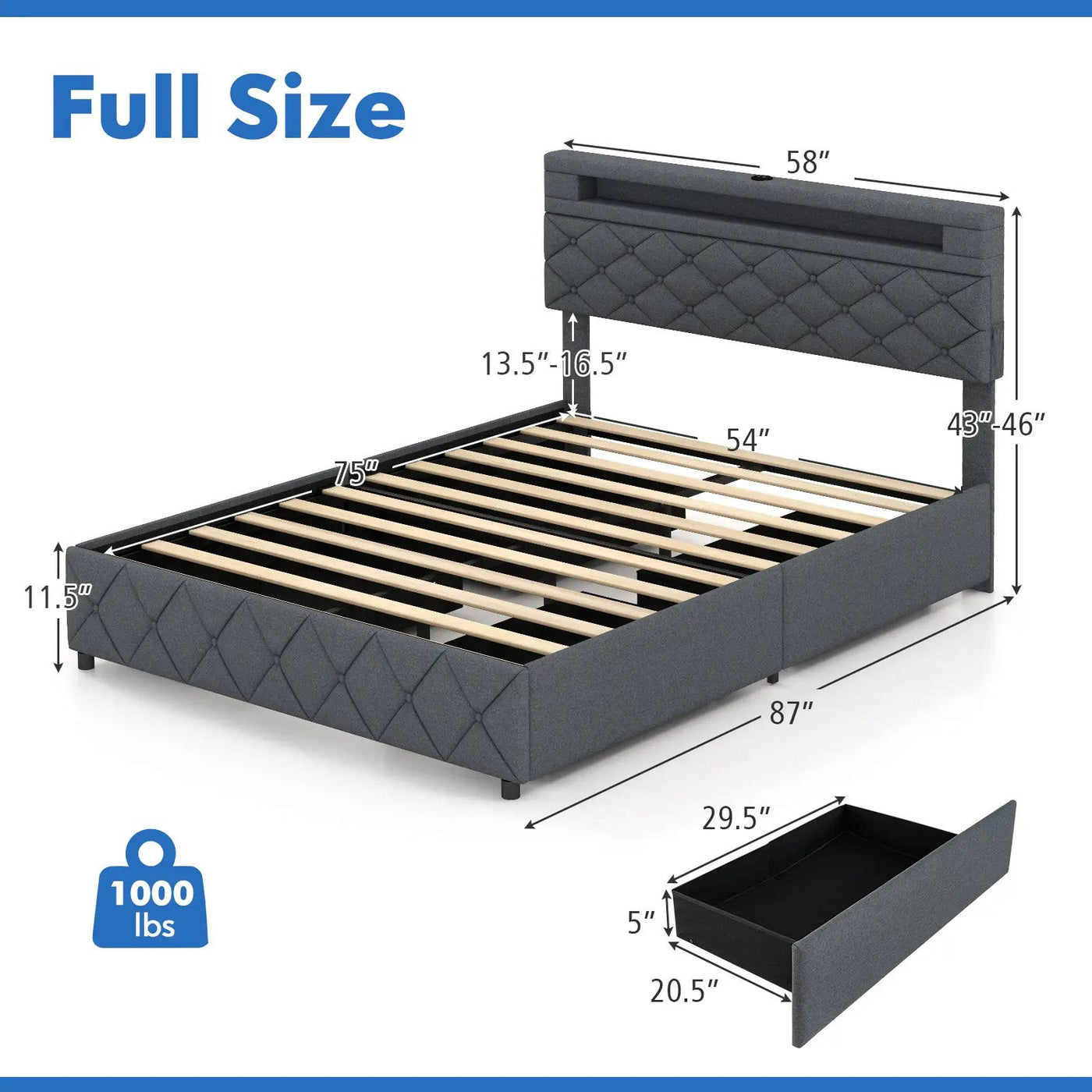 Full/Queen Size Bed Frame with Adjustable Storage Headboard and Wooden Slat Support by DirectDeals