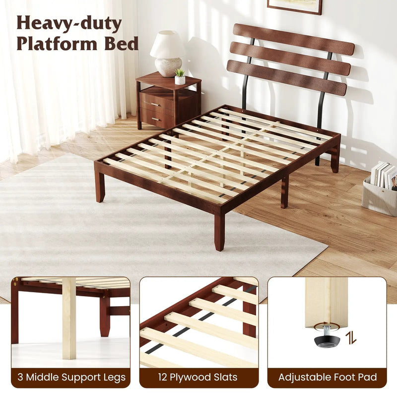 Full Size Bed Frame 15.5 Inch Solid Wood Platform Bed with Retro Headboard by DirectDeals