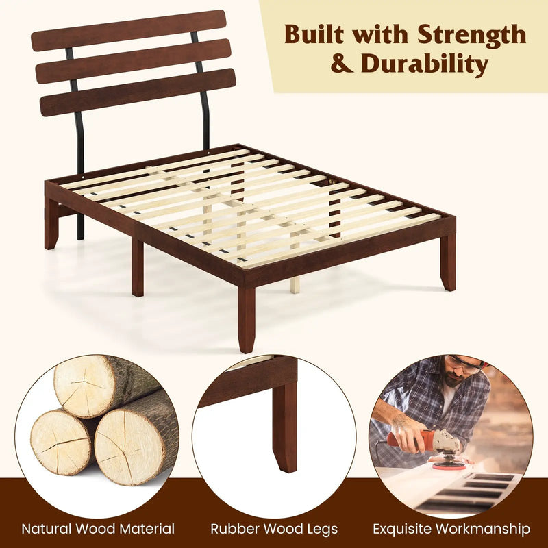 Full Size Bed Frame 15.5 Inch Solid Wood Platform Bed with Retro Headboard by DirectDeals