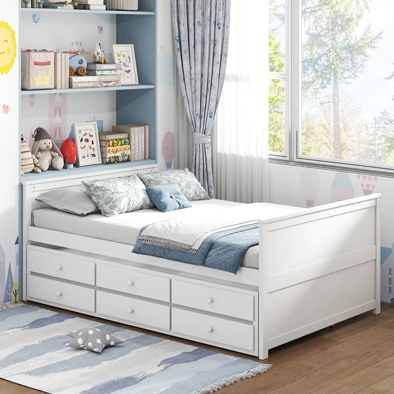 Full Size Bed Frame with Twin Trundle and 3 Storage Drawers for Teens Adults-White by DirectDeals